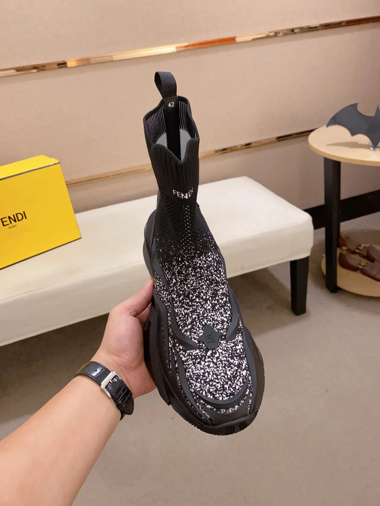 Fendi Speed Trainer 黑色斑点针织袜套式厚底运动鞋 9