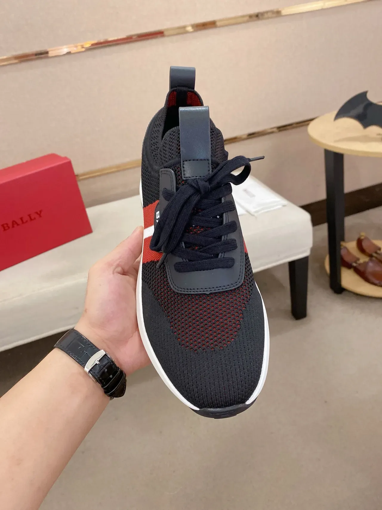 Bally Black Red Knit Mesh Upper Stripe Accent Sneakers 5