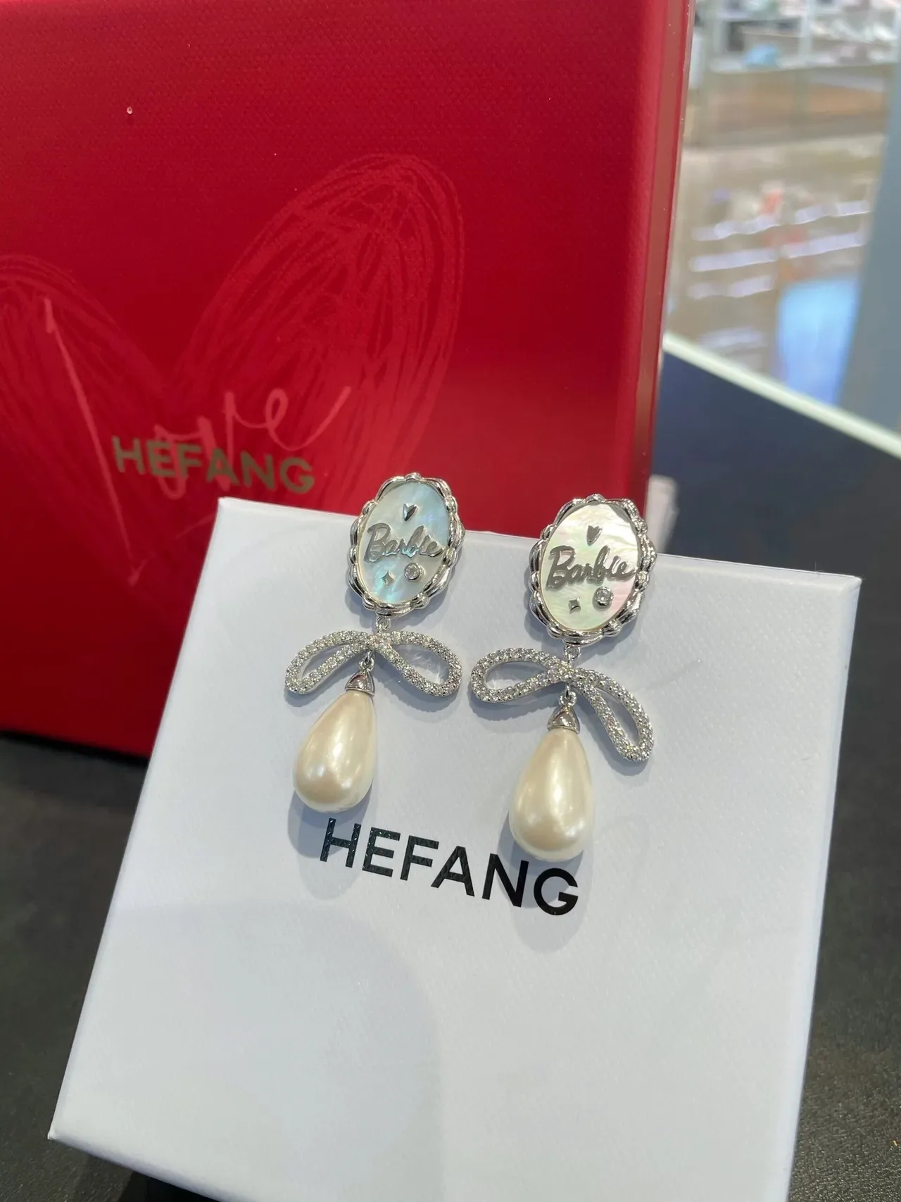 Barbie Oval Bow Pearl Drop Earrings 3
