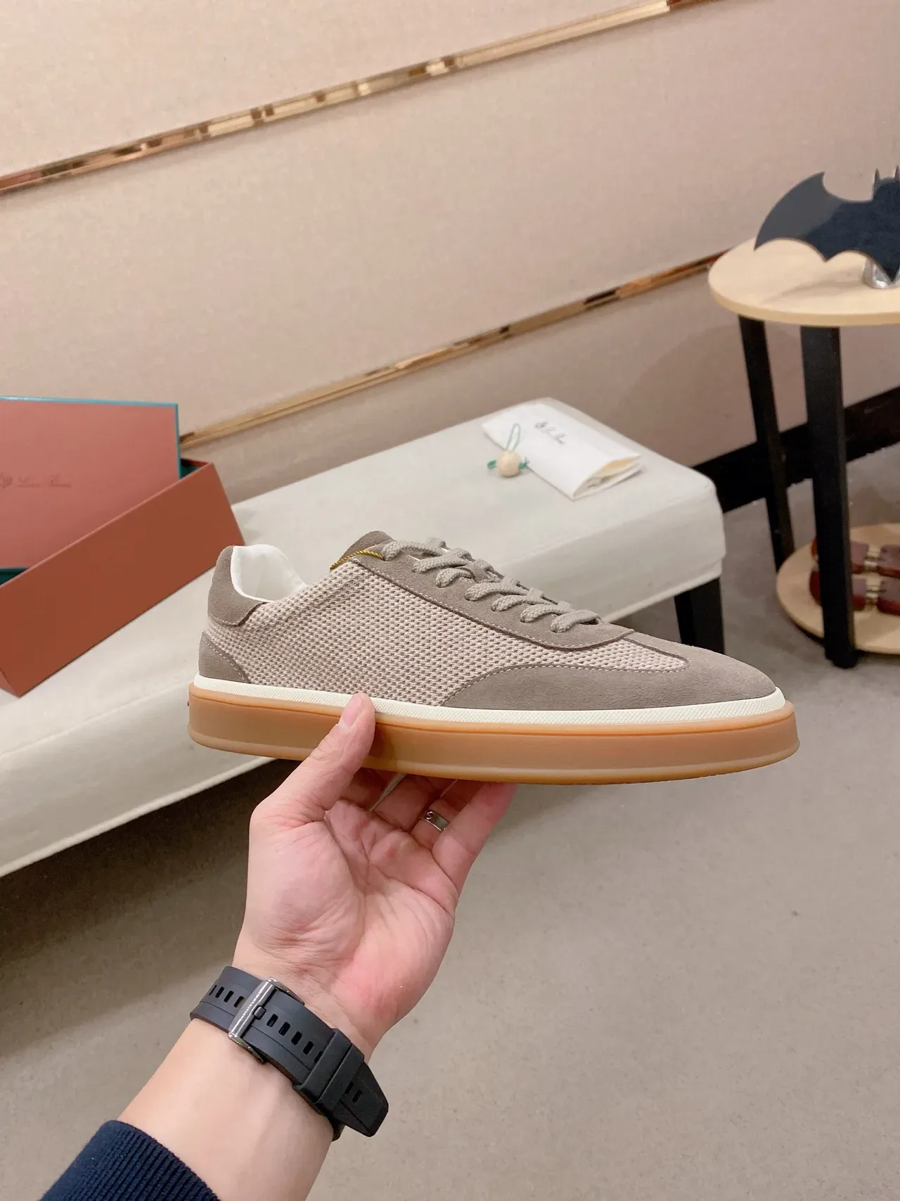 Beige and Gray Mesh-Suede Low-Top Lifestyle Sneaker 5