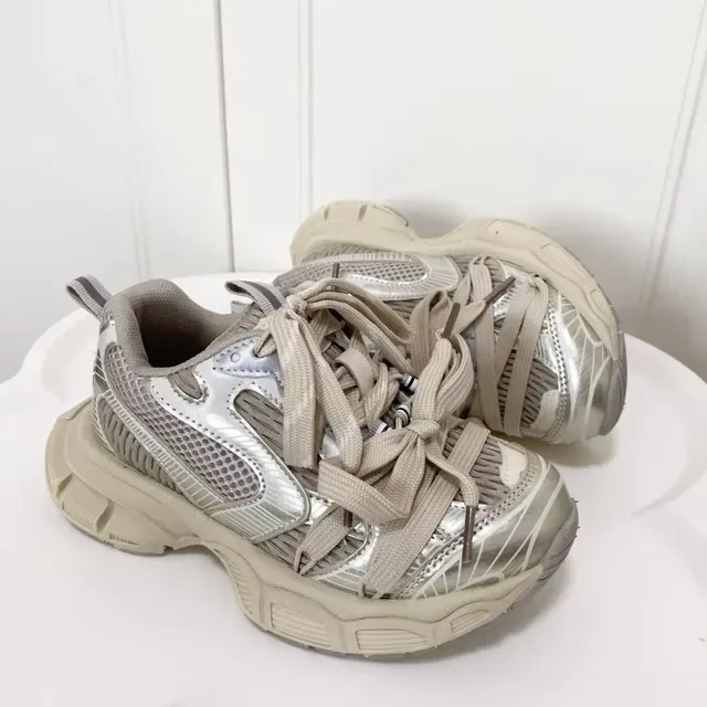 Beige and Silver Oversized Lace-Up Chunky Sneaker 10