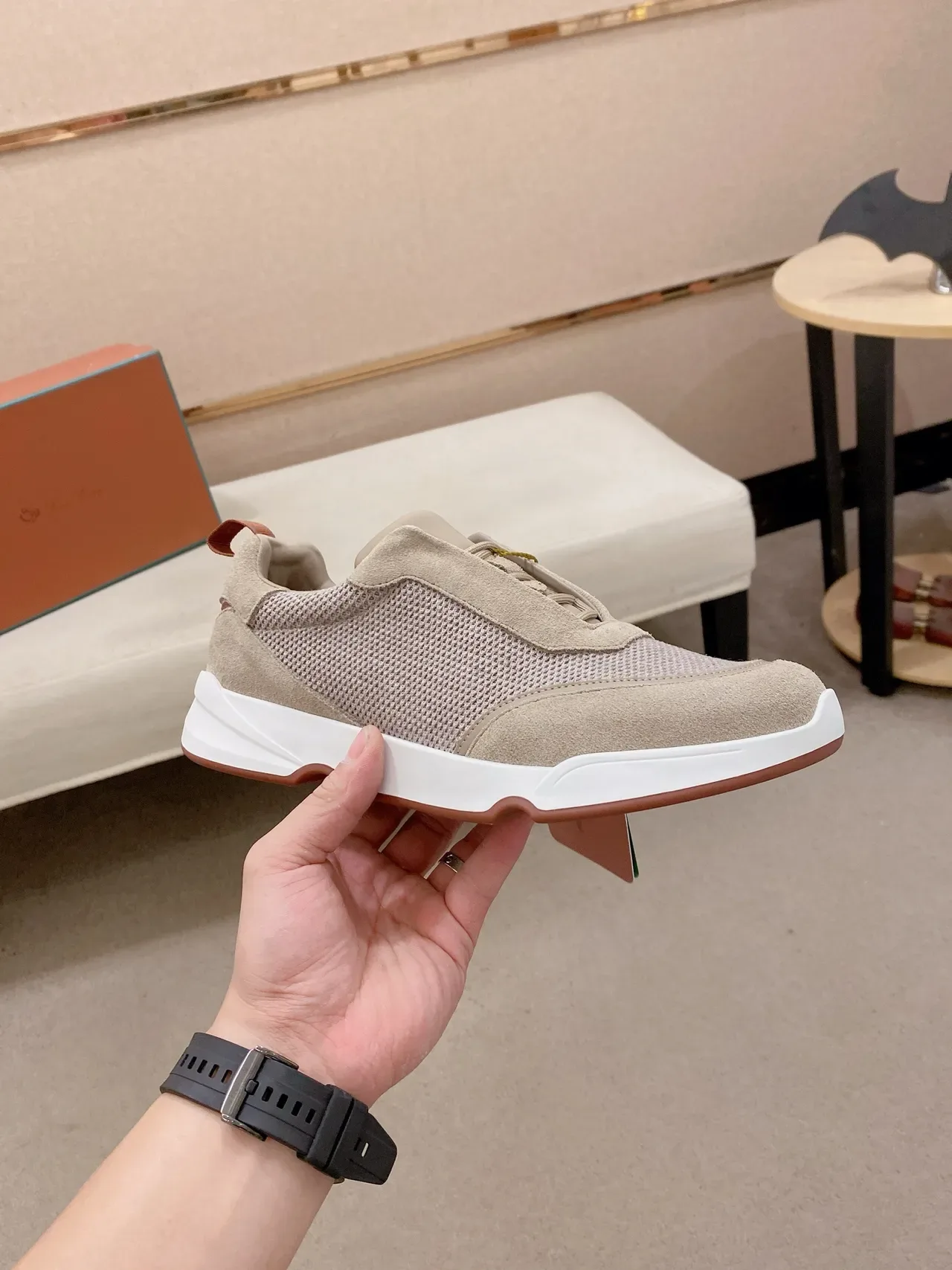 Beige and White Mesh-Suede Chunky Sneaker 4