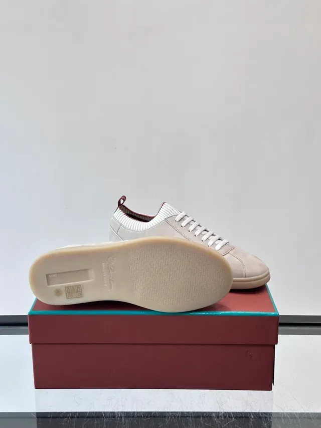 Beige White Suede Upper Ribbed Knit Collar Sneakers 2