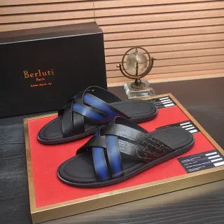 Berluti Black Blue Leather Crisscross Straps Slippers