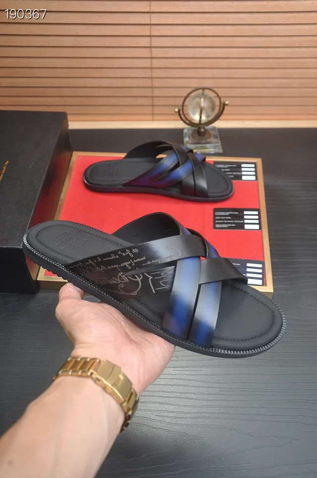 Berluti Black Blue Leather Crisscross Straps Slippers 3