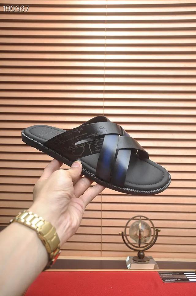 Berluti Black Blue Leather Crisscross Straps Slippers 5