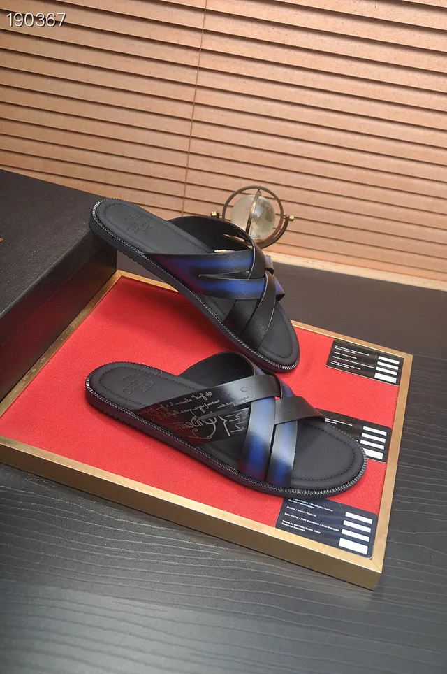 Berluti Black Blue Leather Crisscross Straps Slippers 6