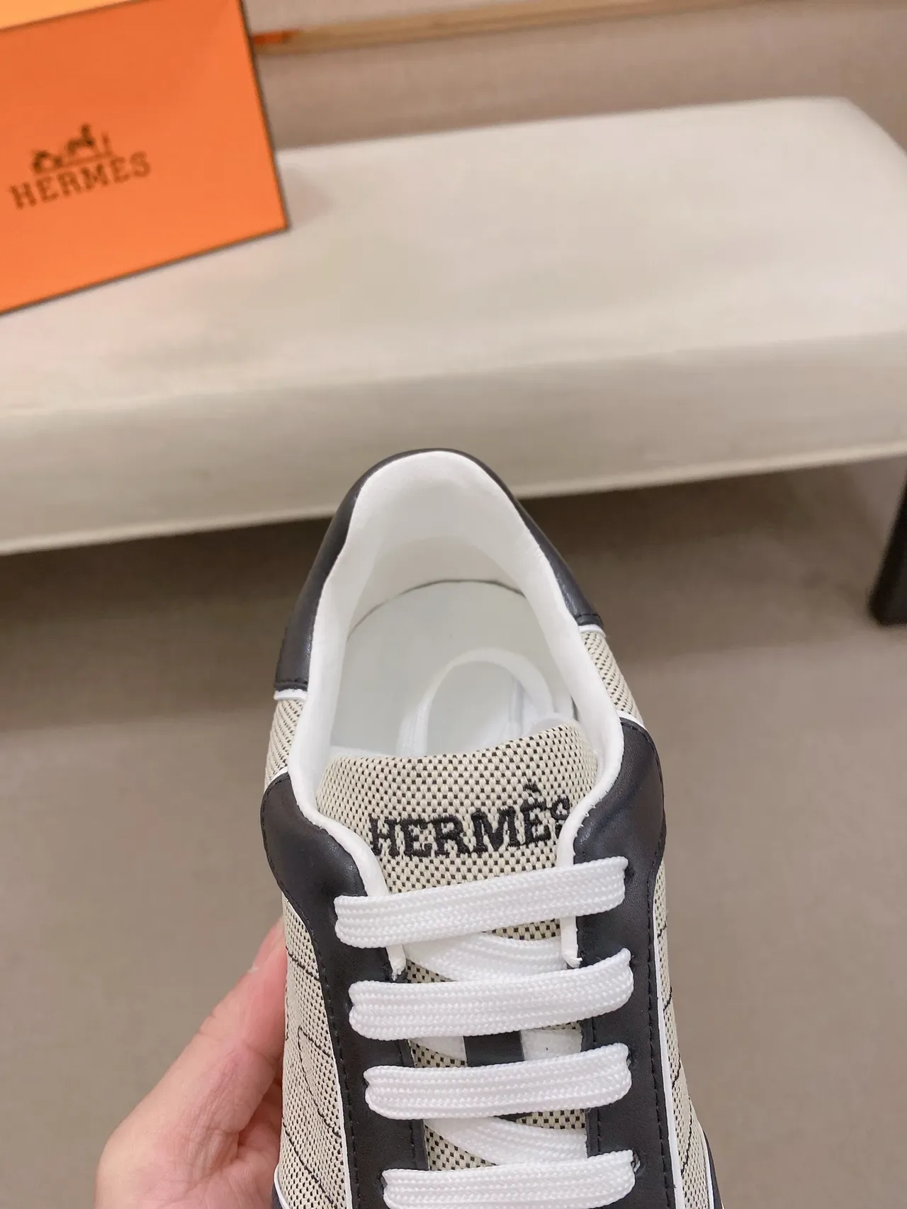 Black and Beige Mixed-Material Lace-Up Sneaker 4
