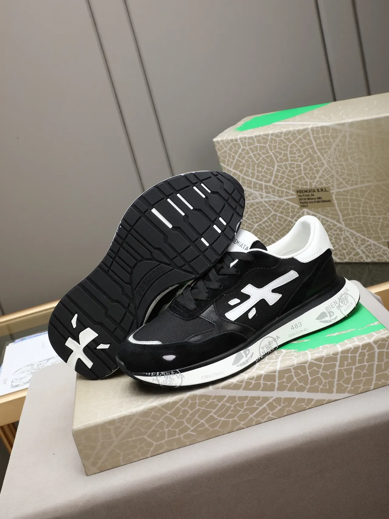 Black and White Mixed-Material Logo Sneaker 4
