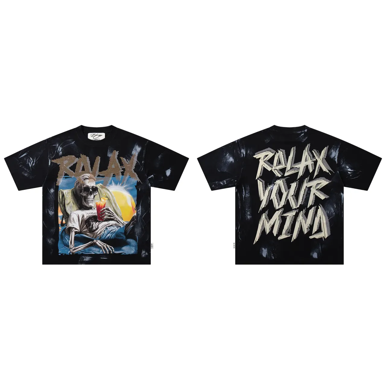 Black Beige Oversized Fit Graphic-Print Front And Back T-Shirt 2
