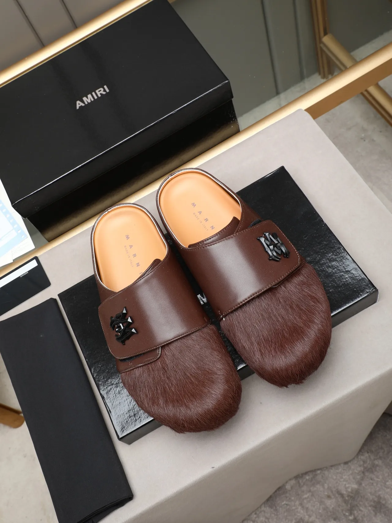 Black Brown Fur-Trimmed Leather Strap Casual Shoes 3