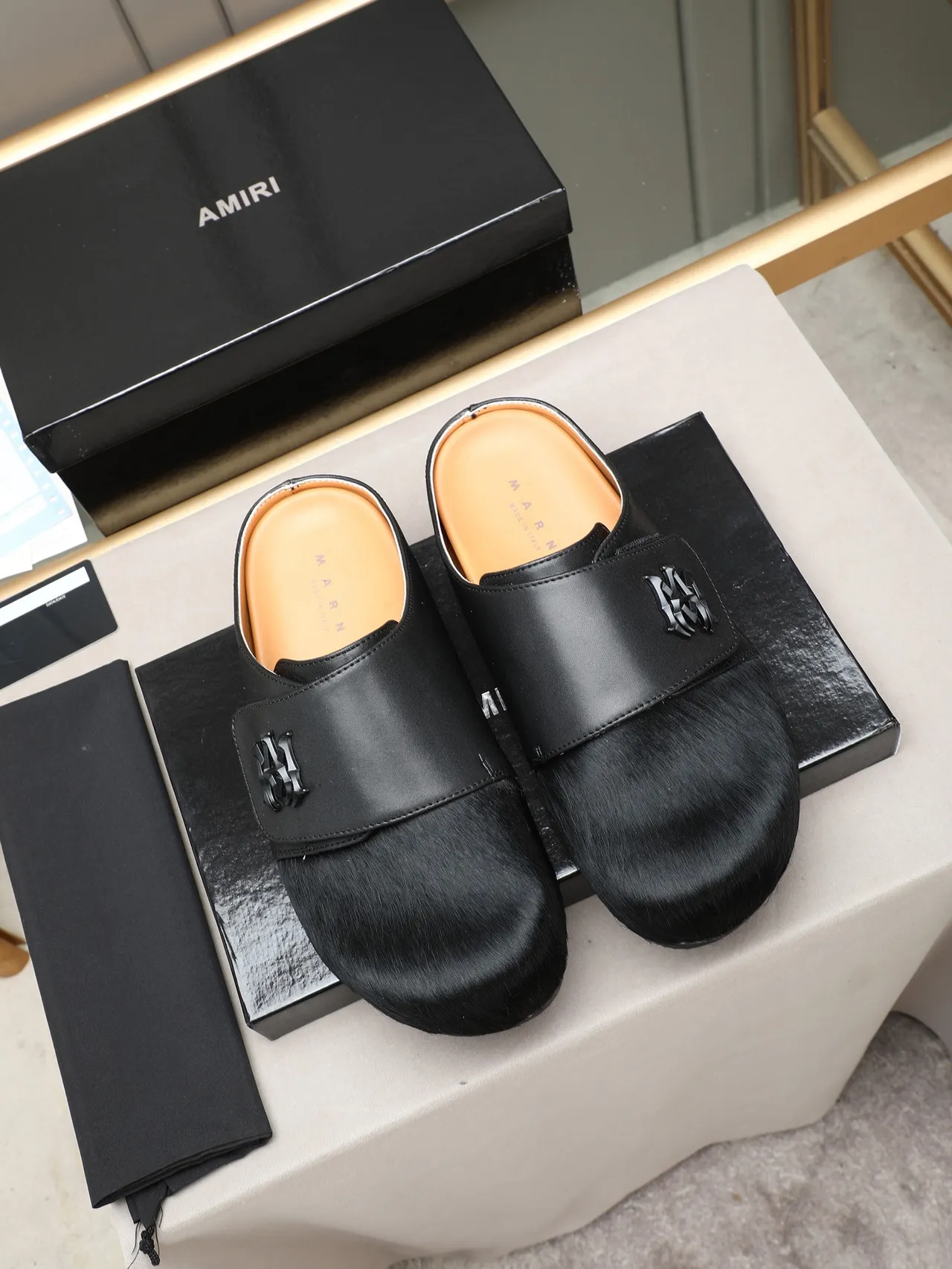 Black Brown Fur-Trimmed Leather Strap Casual Shoes 4