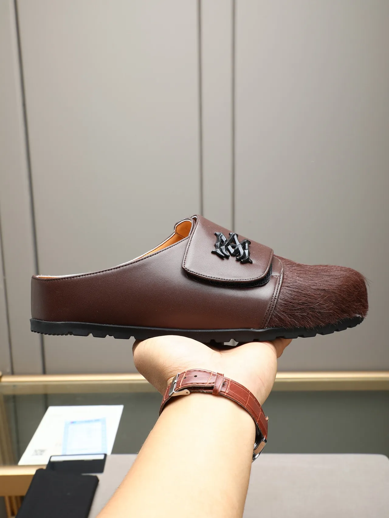 Black Brown Fur-Trimmed Leather Strap Casual Shoes 9