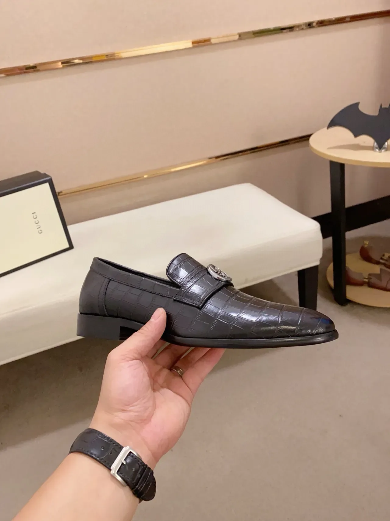 Black Croc-Embossed Leather Horsebit Loafer 5