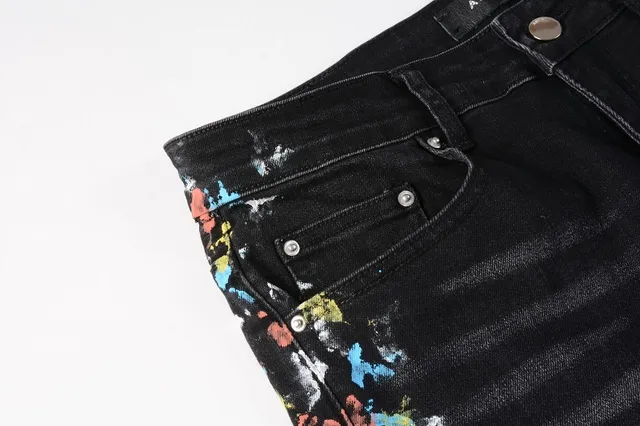 Pantalones Vaqueros Negros Distressed con Bordados Florales Slim-Fit 2