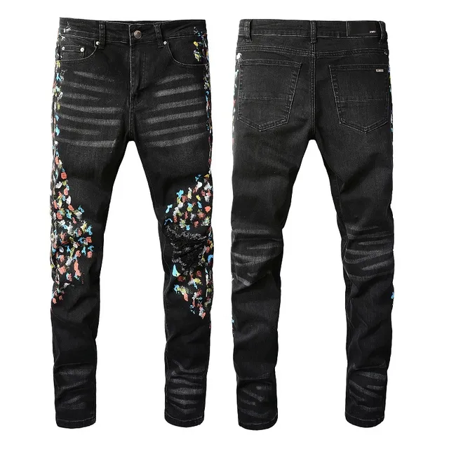 Pantalones Vaqueros Negros Distressed con Bordados Florales Slim-Fit 6