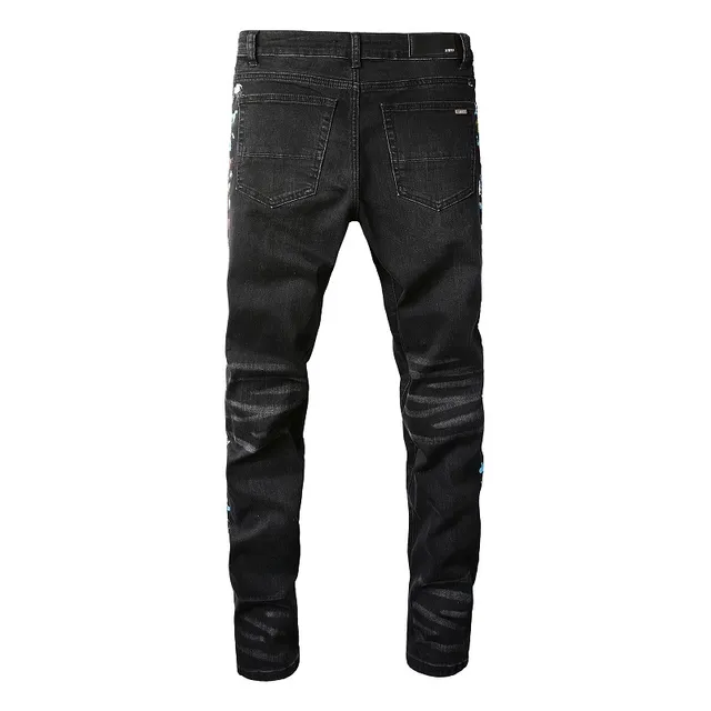 Pantalones Vaqueros Negros Distressed con Bordados Florales Slim-Fit 7