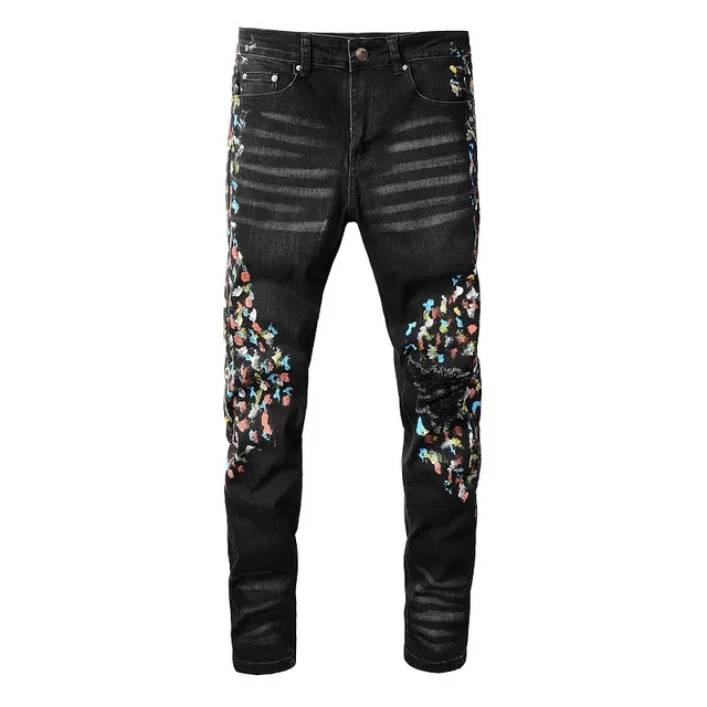 Pantalones Vaqueros Negros Distressed con Bordados Florales Slim-Fit 8
