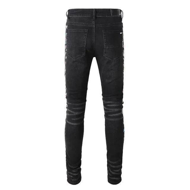 Pantalones Vaqueros Negros Distressed con Bordados Florales Slim-Fit 9