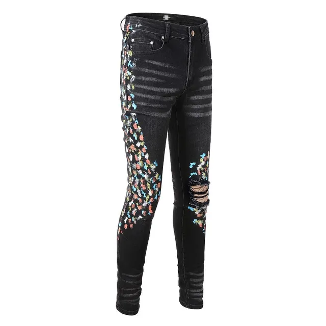 Pantalones Vaqueros Negros Distressed con Bordados Florales Slim-Fit 10