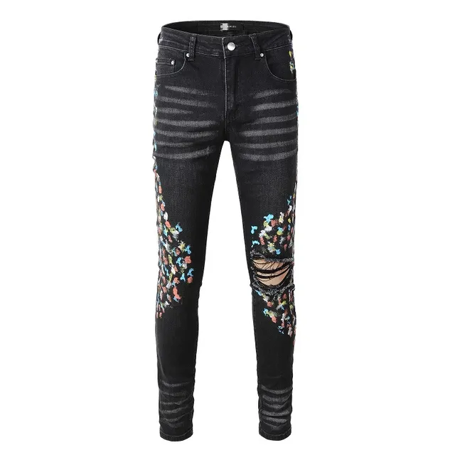 Pantalones Vaqueros Negros Distressed con Bordados Florales Slim-Fit 11