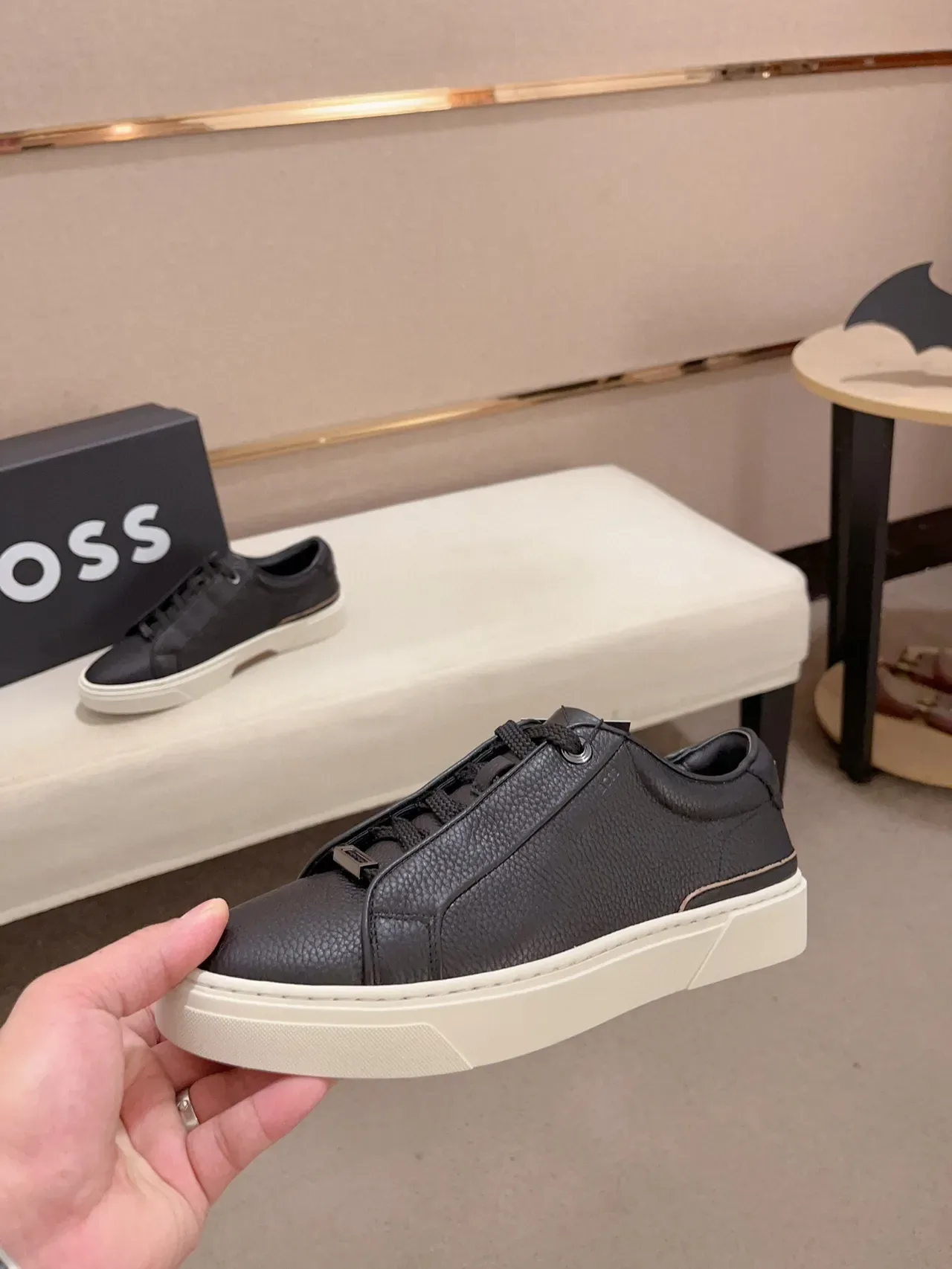 Black Pebbled Leather Low-Top Platform Sneaker 3