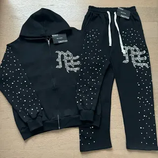 Black Rhinestone-Embellished Graphic Logo Tracksuit
