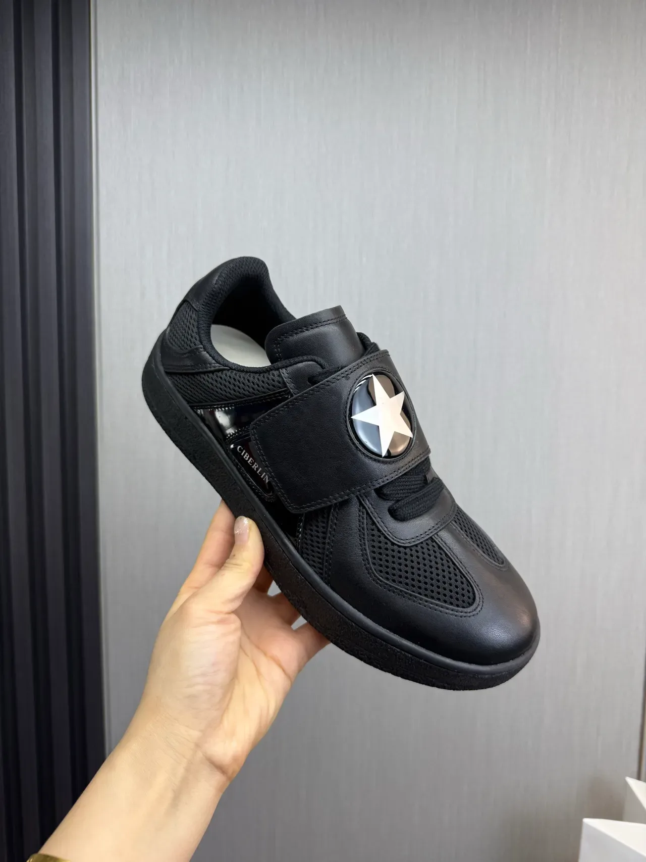 Black Silver Laceless Strap Closure Perforated Mesh Panel Sneakers 8