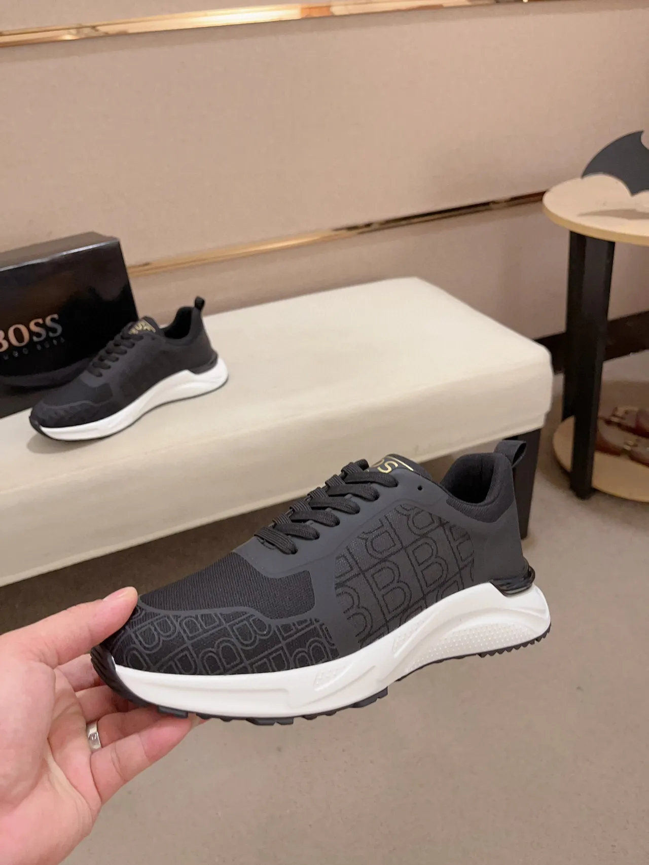 Black White Monogrammed Mesh Upper Sculpted Midsole Chunky Sneakers 3