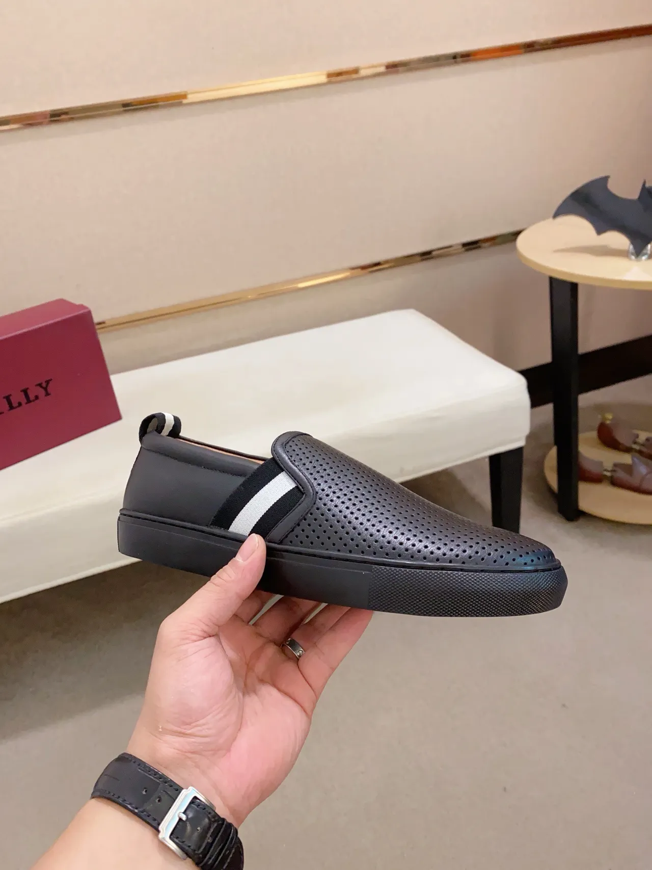 Black White Perforated Leather Upper Slip-On Construction Loafer 5