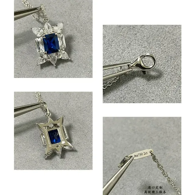 Blue Rectangular Gemstone Halo Pendant Necklace 4