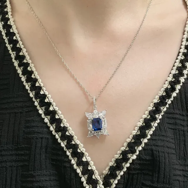 Blue Rectangular Gemstone Halo Pendant Necklace 9