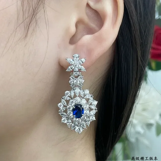 Blue Silver Floral-Top Chandelier Drop Oval Center Stone Earrings 9