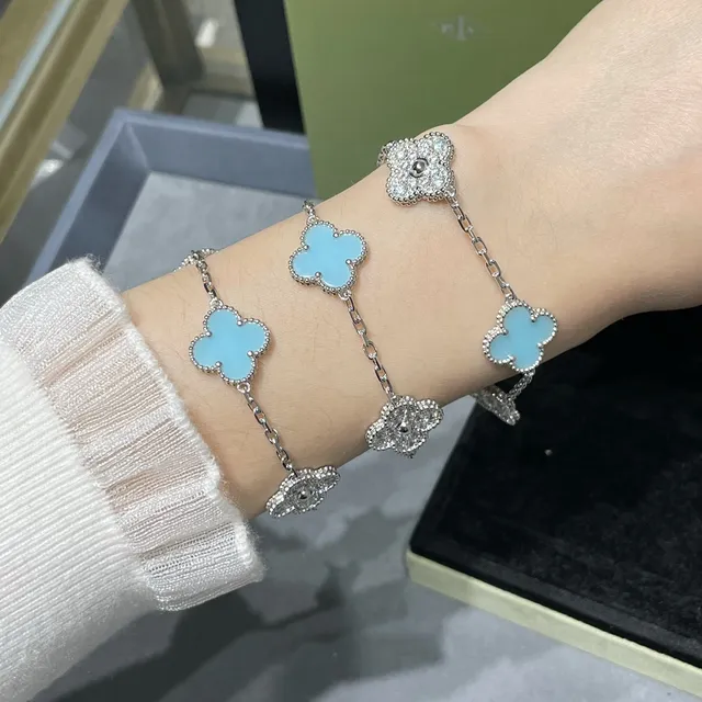 Blue Silver Four-Leaf Clover Charms Light Enamel Inlay Bracelet 9