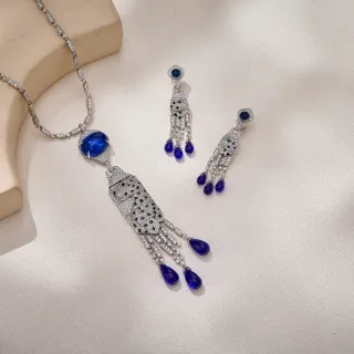 নীল রূপালী Pavé-Set Tassel-Drop হার
