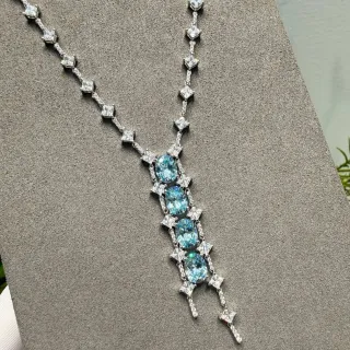 Blue Silver V-Drop Pendant Oval Gemstones Necklace