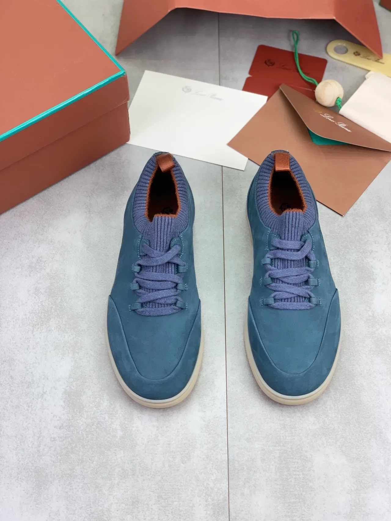 Blue Suede Knit-Collar Lace-Up Lifestyle Sneakers 4