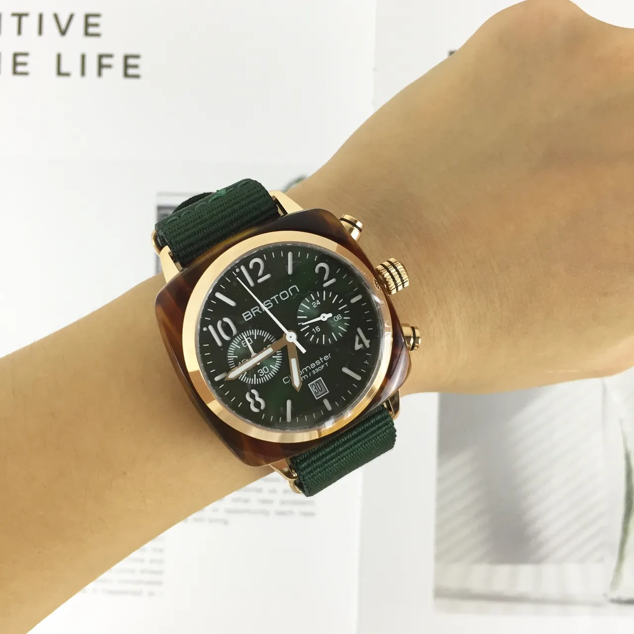 Bristol Clubmaster Chronograph हरी NATO Strap यांत्रिक घड़ी 8