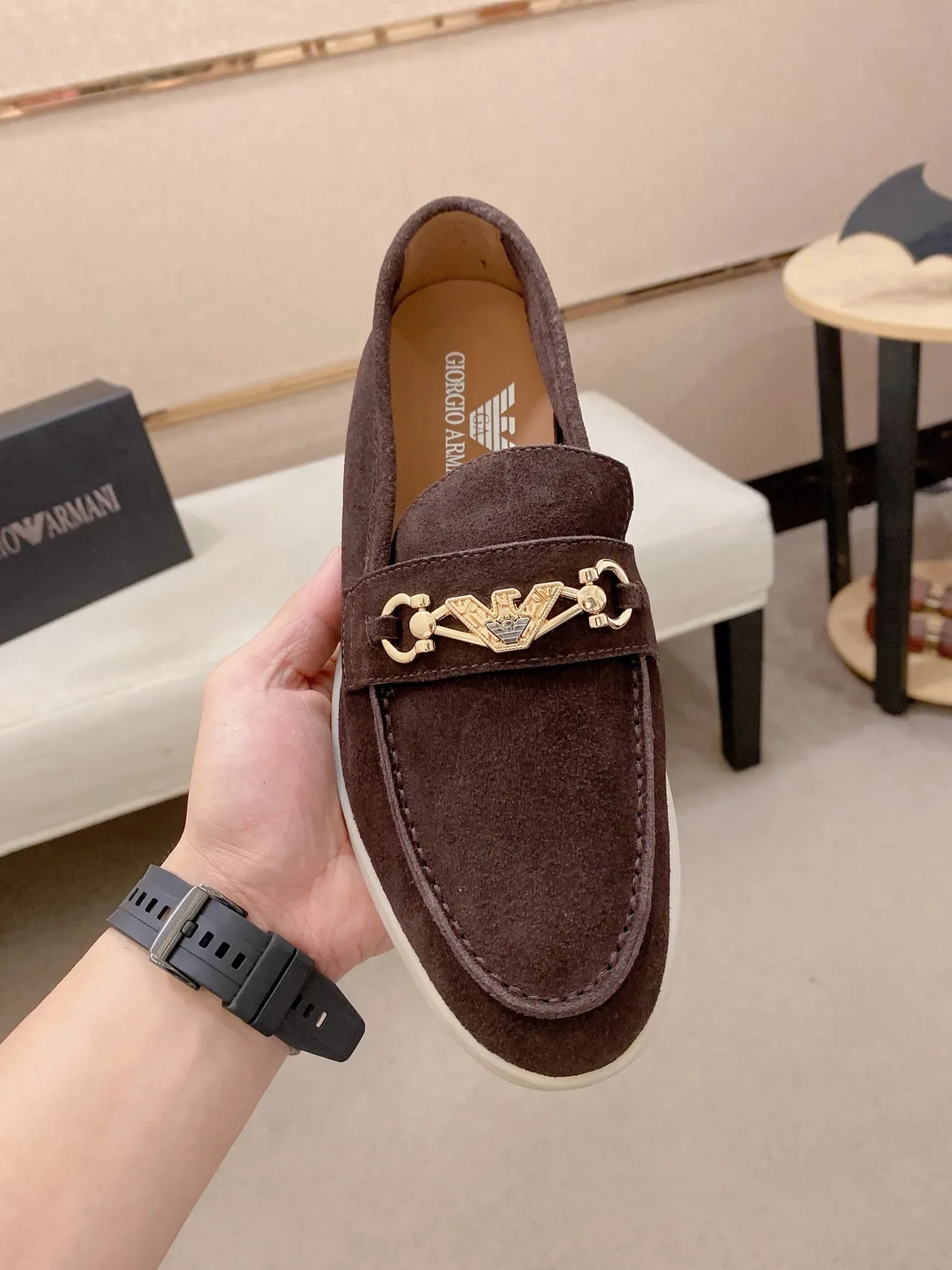 Brown Beige Suede Upper Metal Horsebit Strap Loafer 5