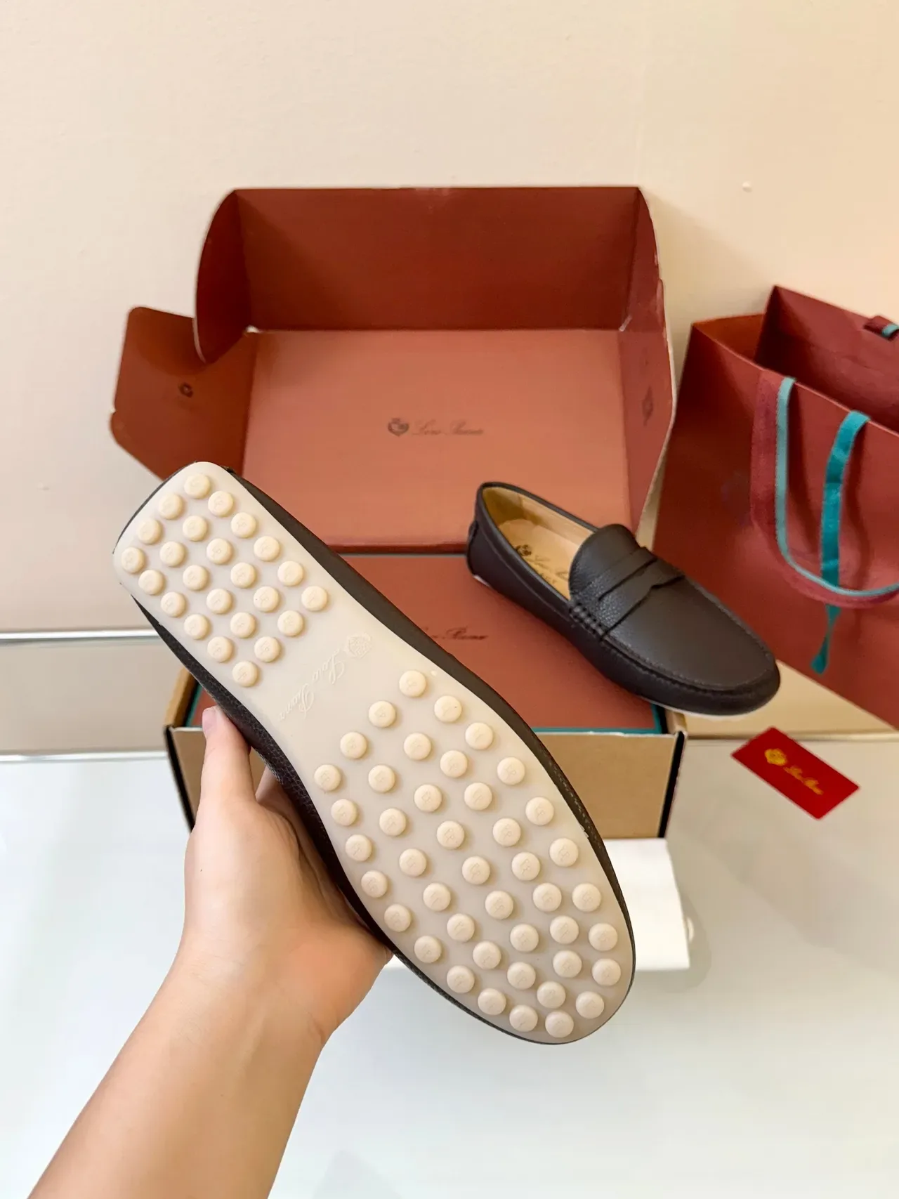 Brown White Pebbled Leather Penny Strap Loafer 5