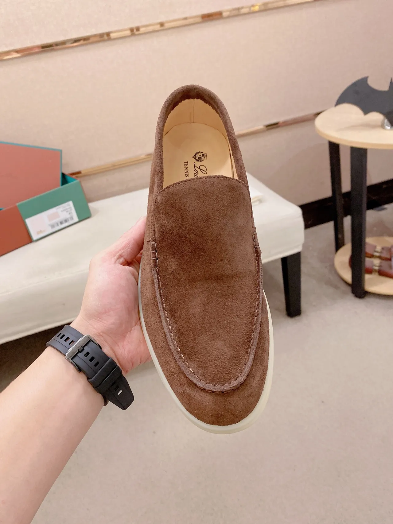 Brown White Suede Upper Moc-Toe Stitching Loafer 2