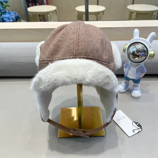 Gorrito Marrón Blanco Estilo Trapper Lana Mezcla Exterior 10
