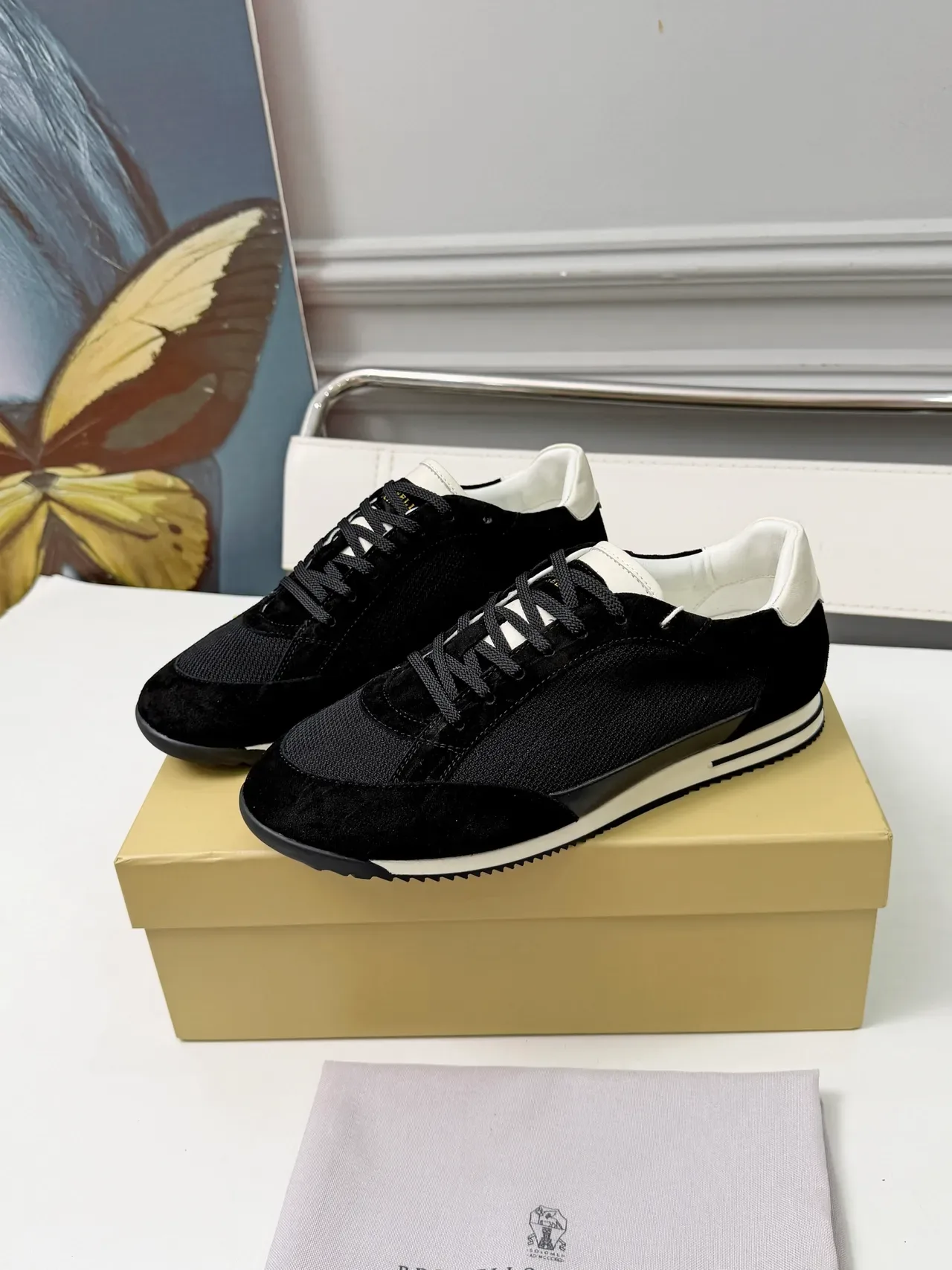 Brunello Cucinelli Black Velvet and Mesh Lifestyle Sneakers 2