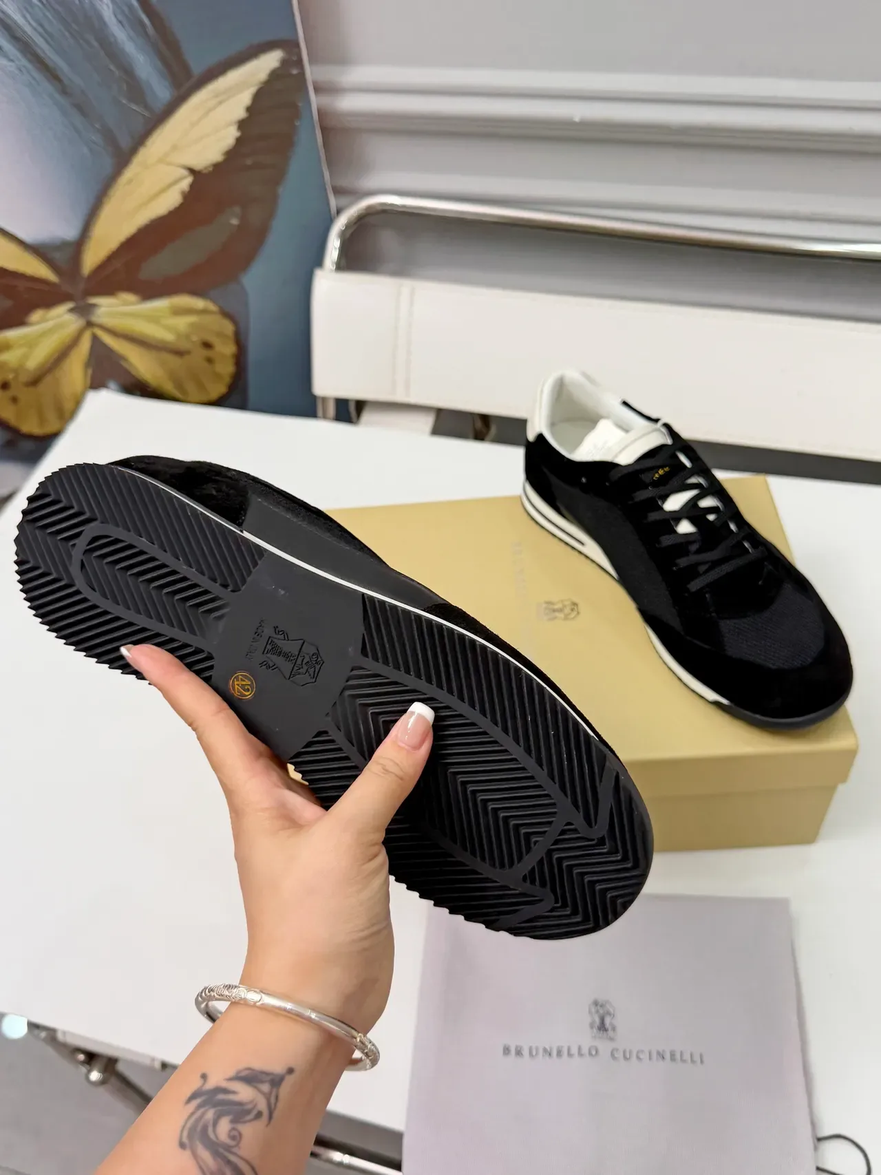 Brunello Cucinelli Black Velvet and Mesh Lifestyle Sneakers 4