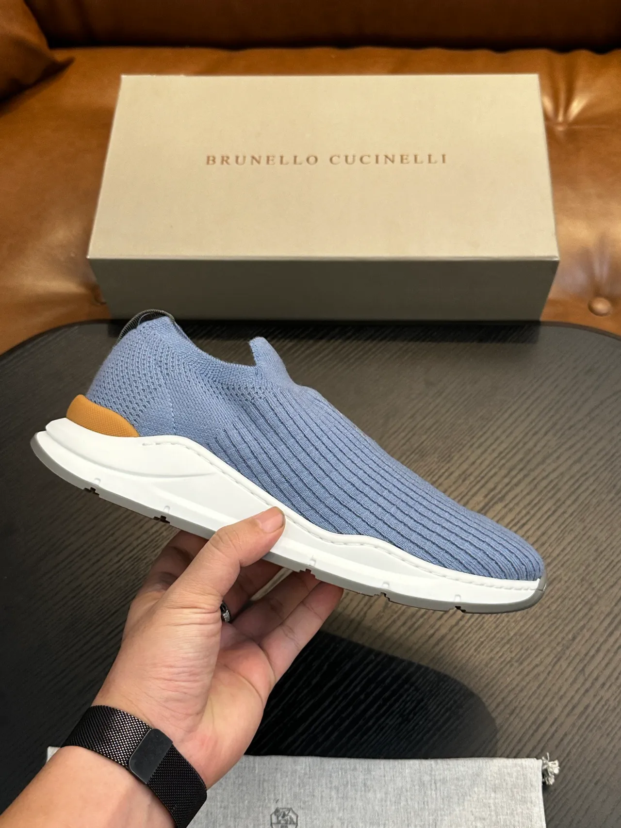 Brunello Cucinelli Blue White Ribbed Knit Upper Slip-On Construction Loafer 2