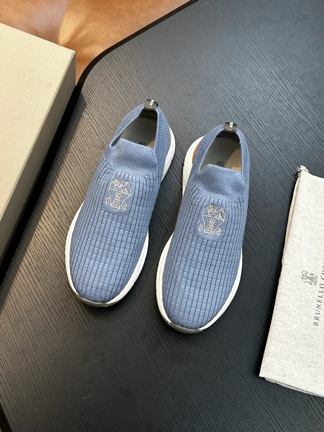 Brunello Cucinelli Blue White Ribbed Knit Upper Slip-On Construction Loafer 3