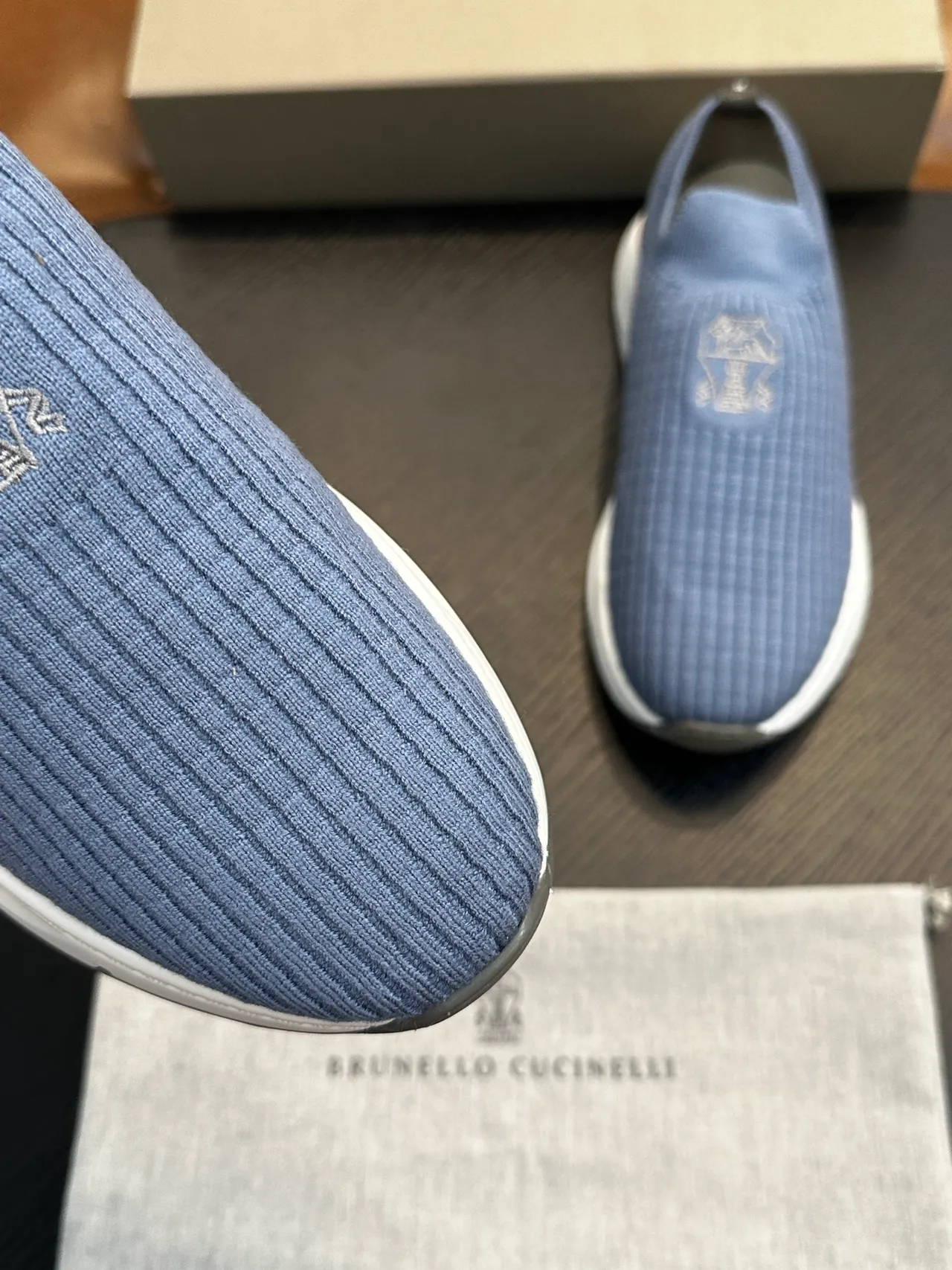 Brunello Cucinelli Blue White Ribbed Knit Upper Slip-On Construction Loafer 6