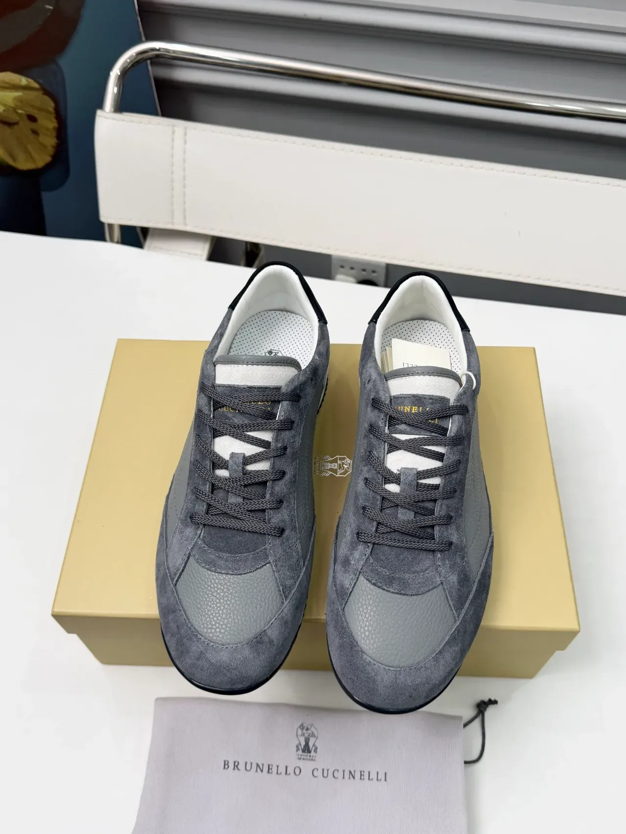 Brunello Cucinelli Gray Suede and Pebbled Leather Lifestyle Sneakers 6