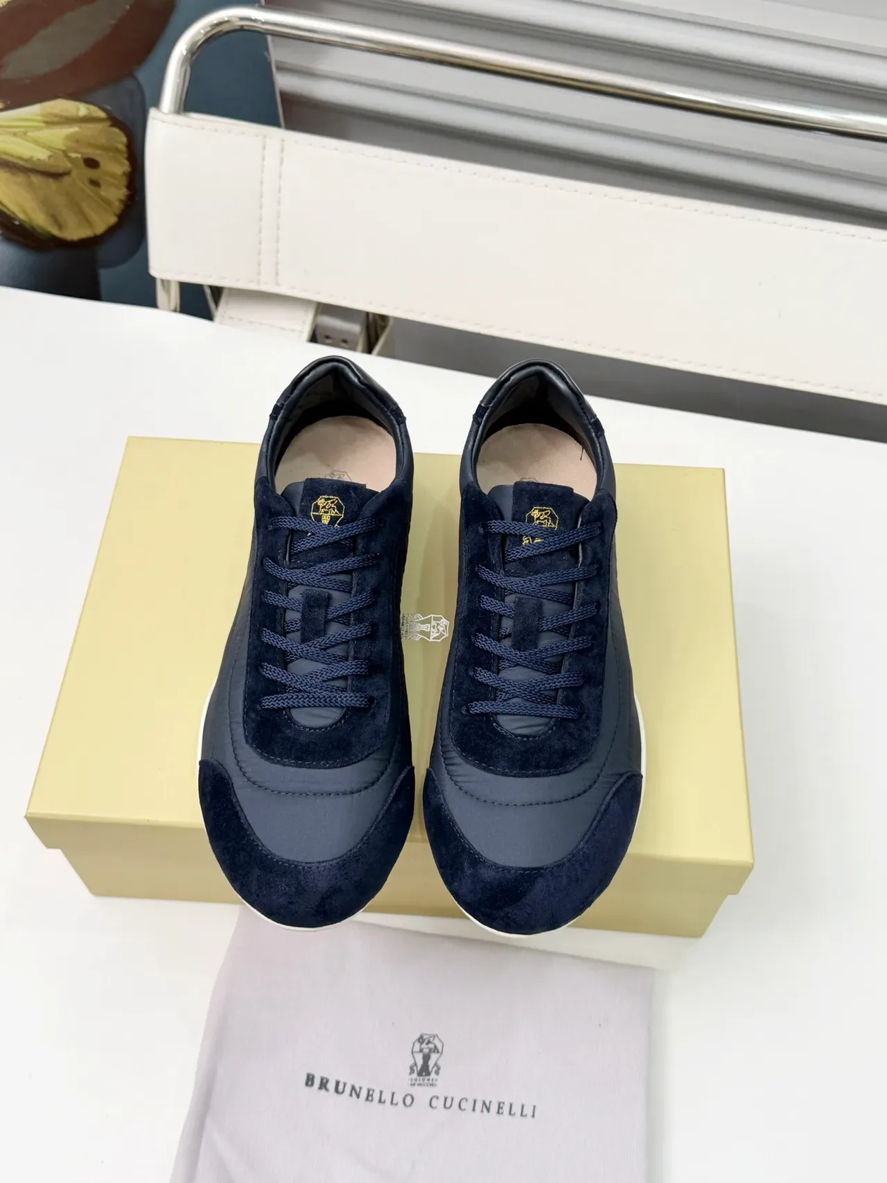 Brunello Cucinelli Navy Suede and Nylon Panel Sneaker 6