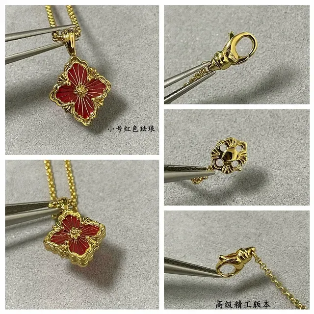 Buccellati Floral Quatrefoil Red Enamel Gold Necklace 2